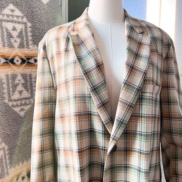 Haleine Beige Multi Plaid Long Sleeve 2 Button Front Oversized Wool Blazer - Picture 2 of 10